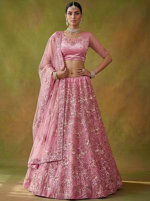 Captivating Pink Sequins Net Bridesmaid Lehenga Choli With Dupatta 1