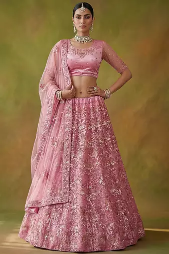 Captivating Pink Sequins Net Bridesmaid Lehenga Choli With Dupatta