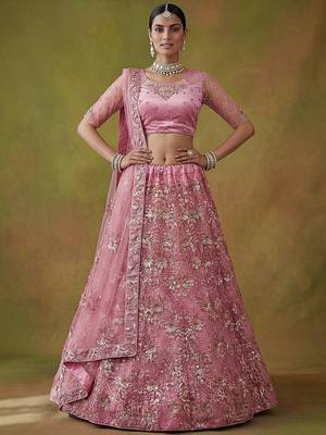 Captivating Pink Sequins Net Bridesmaid Lehenga Choli With Dupatta 2