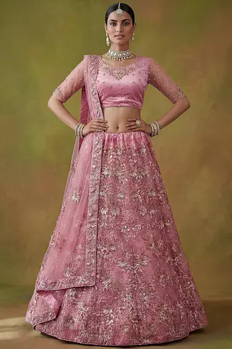 Captivating Pink Sequins Net Bridesmaid Lehenga Choli With Dupatta