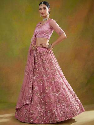 Captivating Pink Sequins Net Bridesmaid Lehenga Choli With Dupatta 3