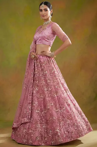 Captivating Pink Sequins Net Bridesmaid Lehenga Choli With Dupatta
