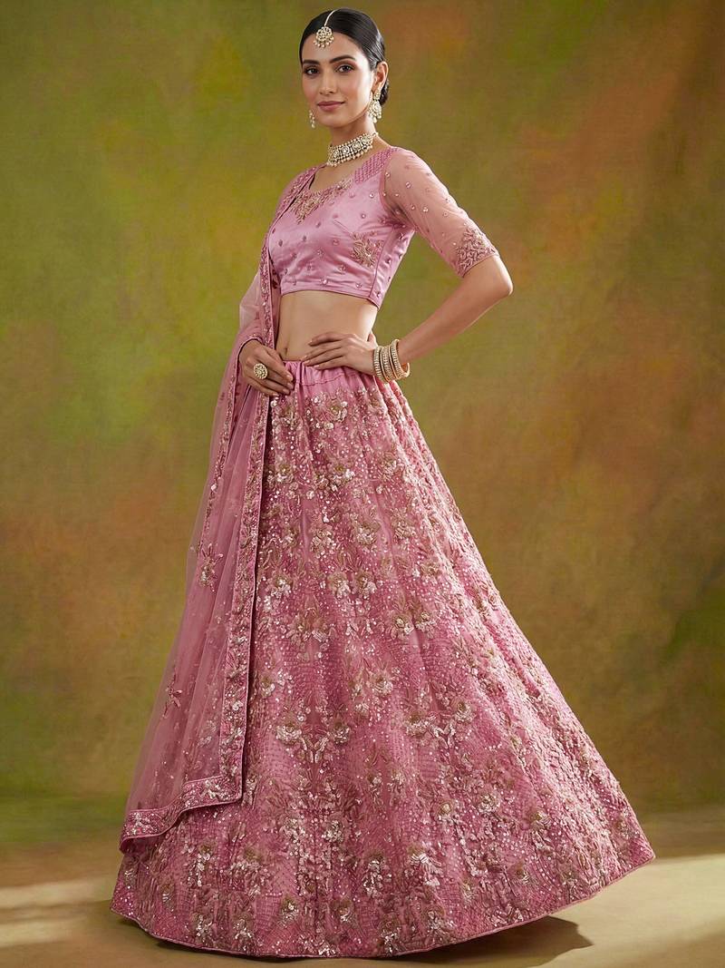 Captivating Pink Sequins Net Bridesmaid Lehenga Choli With Dupatta