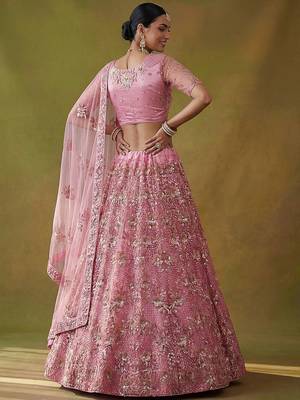 Captivating Pink Sequins Net Bridesmaid Lehenga Choli With Dupatta 4