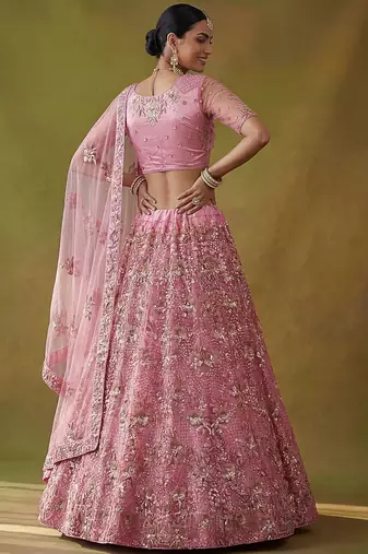 Captivating Pink Sequins Net Bridesmaid Lehenga Choli With Dupatta