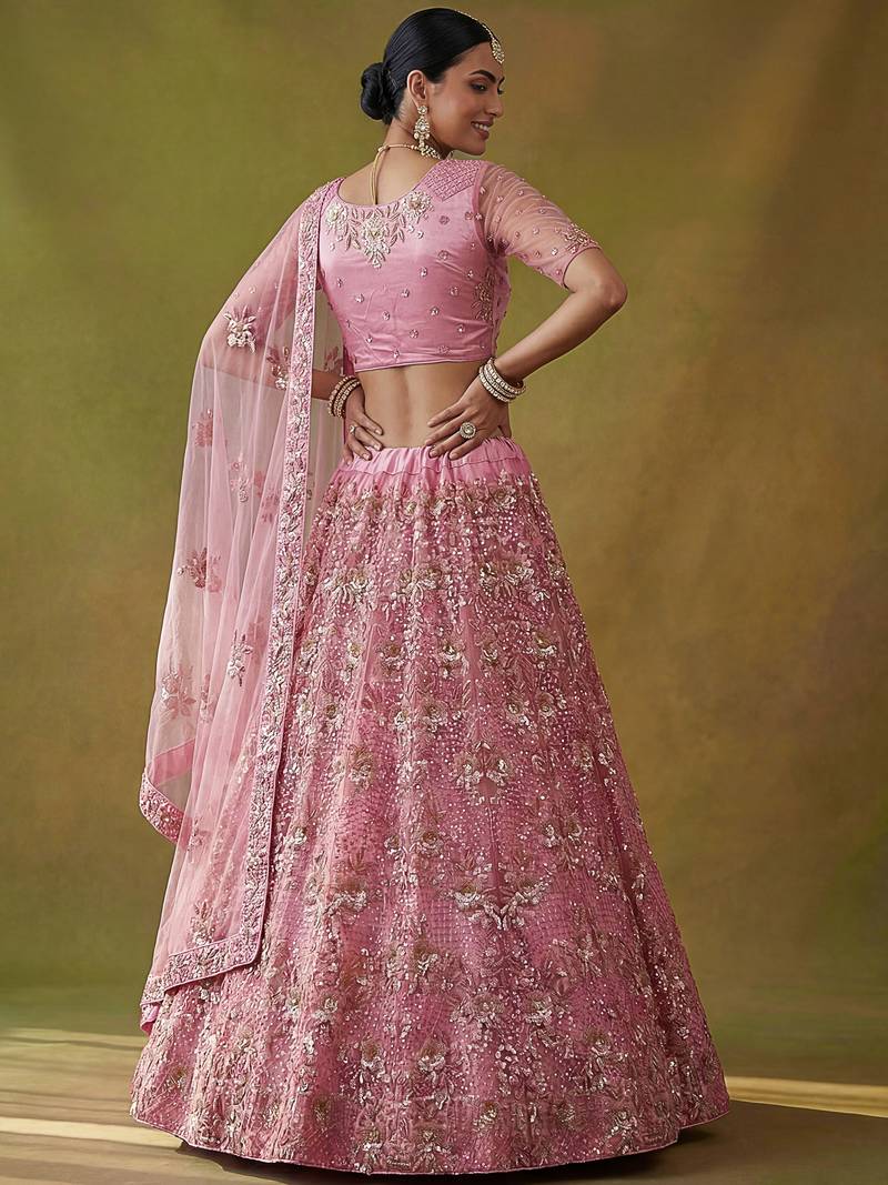 Captivating Pink Sequins Net Bridesmaid Lehenga Choli With Dupatta