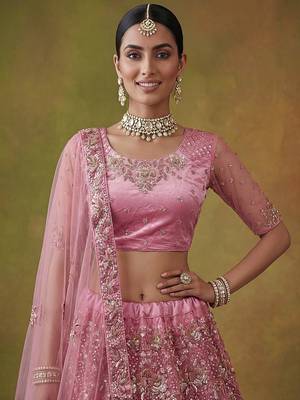 Captivating Pink Sequins Net Bridesmaid Lehenga Choli With Dupatta 5