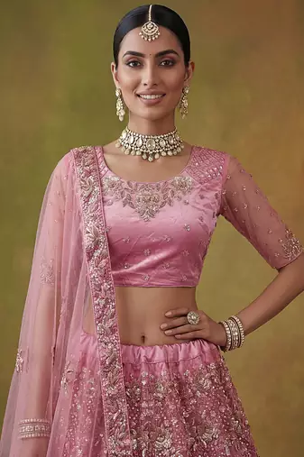 Captivating Pink Sequins Net Bridesmaid Lehenga Choli With Dupatta