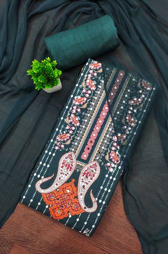 Elegant dark teal floral paisley printed unstitched salwar suit with dupatta