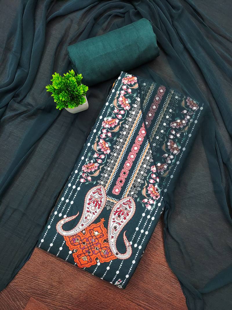 Elegant dark teal floral paisley printed unstitched salwar suit with dupatta