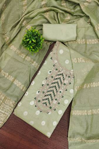 Embroidered unstitched salwar suit with woven dupatta