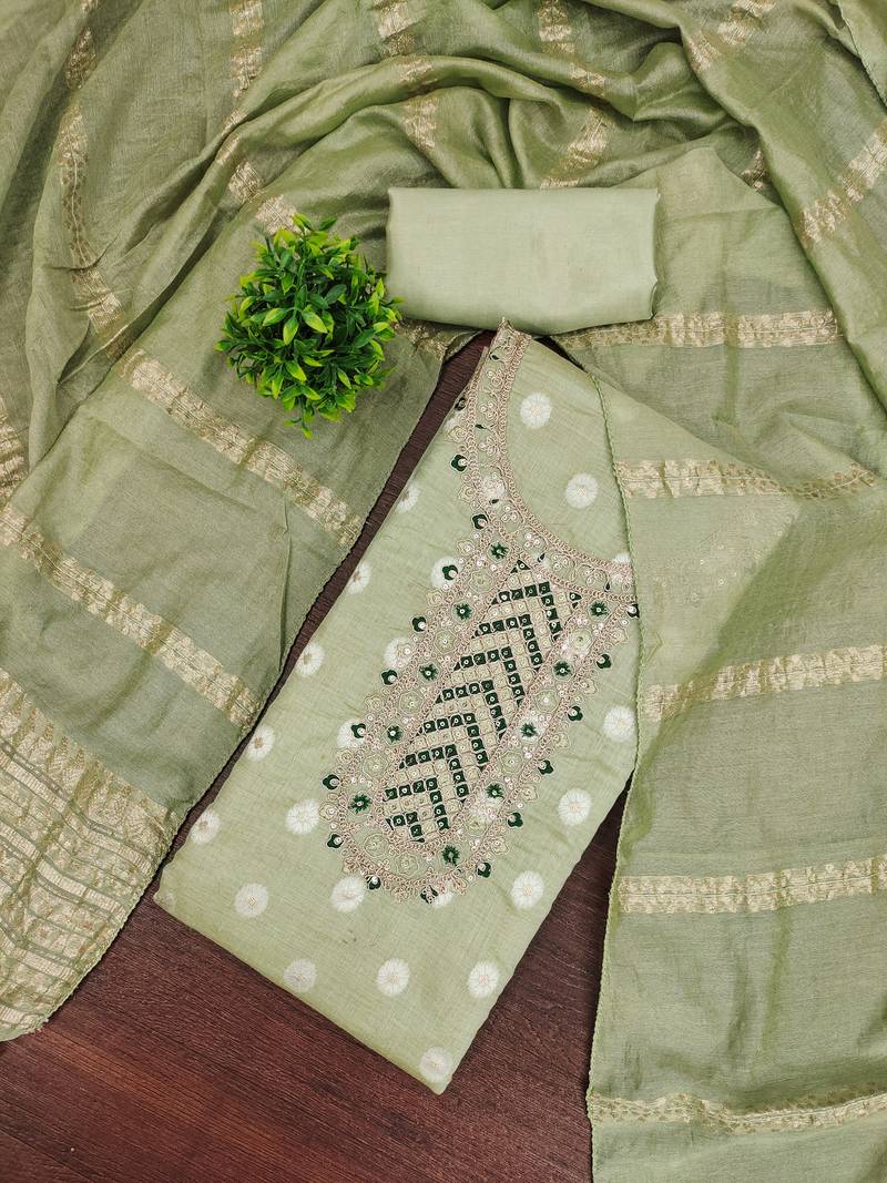 Embroidered unstitched salwar suit with woven dupatta