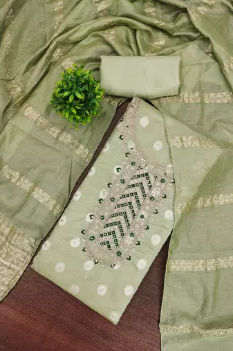 Embroidered unstitched salwar suit with woven dupatta