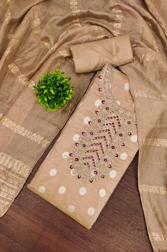 Embroidered unstitched salwar suit with woven dupatta
