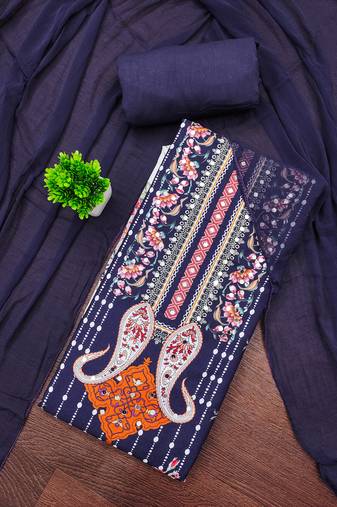 Elegant navy blue floral paisley printed unstitched salwar suit with dupatta