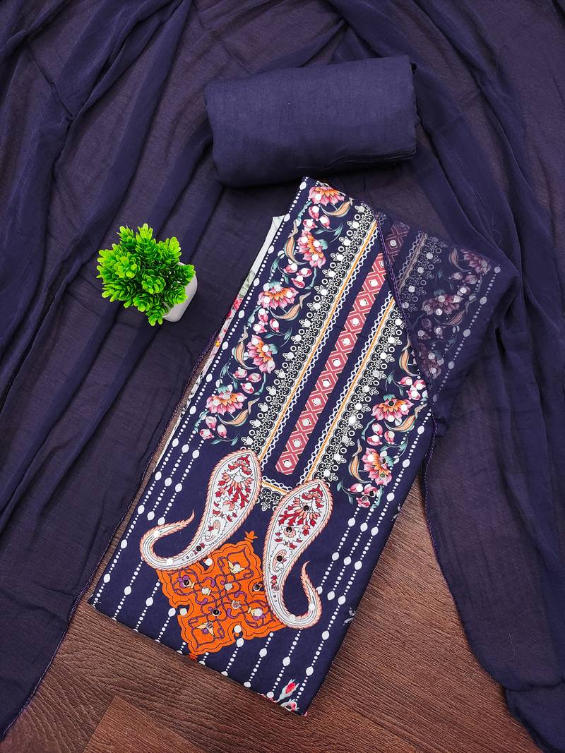 Elegant navy blue floral paisley printed unstitched salwar suit with dupatta