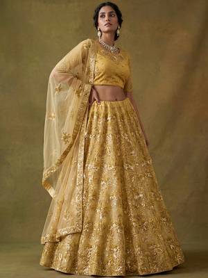 Shiny Yellow Sequins Net Haldi Wear Lehenga Choli With Dupatta 1