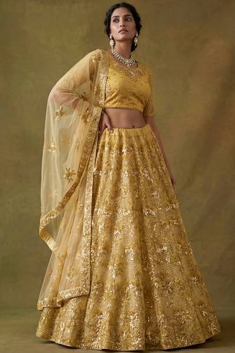 Shiny Yellow Sequins Net Haldi Wear Lehenga Choli With Dupatta