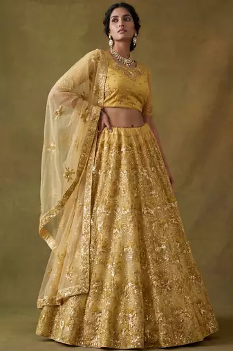 Shiny Yellow Sequins Net Haldi Wear Lehenga Choli With Dupatta