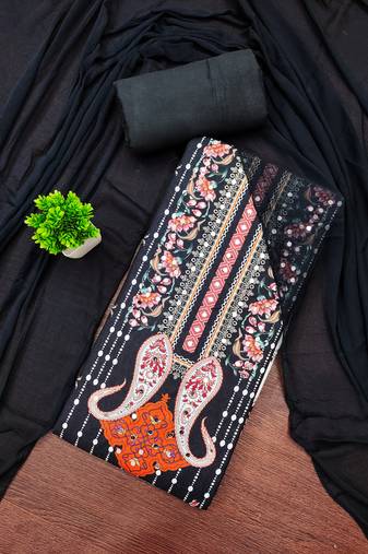 Elegant black floral paisley printed unstitched salwar suit with dupatta