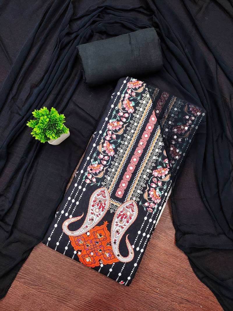 Elegant black floral paisley printed unstitched salwar suit with dupatta