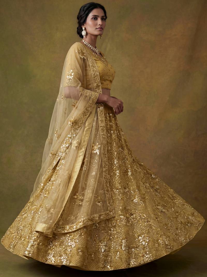 Shiny Yellow Sequins Net Haldi Wear Lehenga Choli With Dupatta