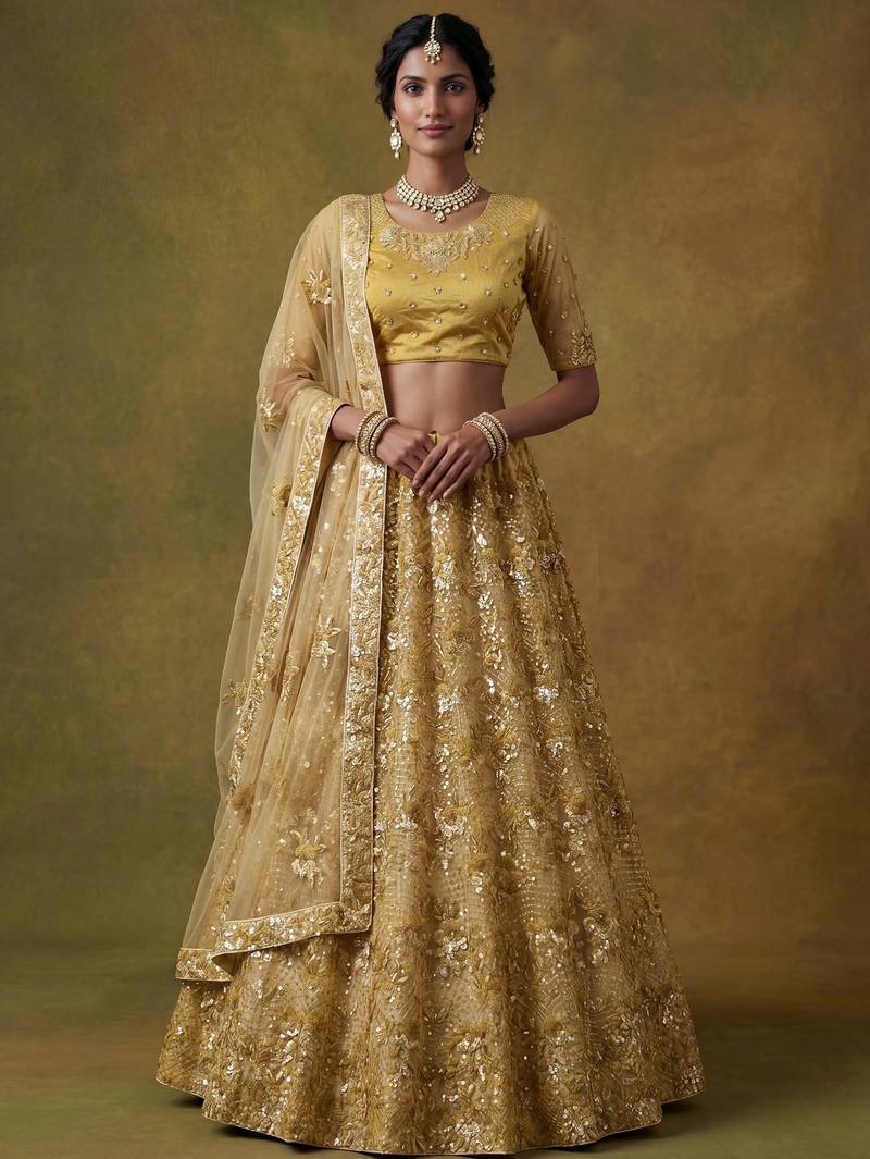 Shiny Yellow Sequins Net Haldi Wear Lehenga Choli With Dupatta