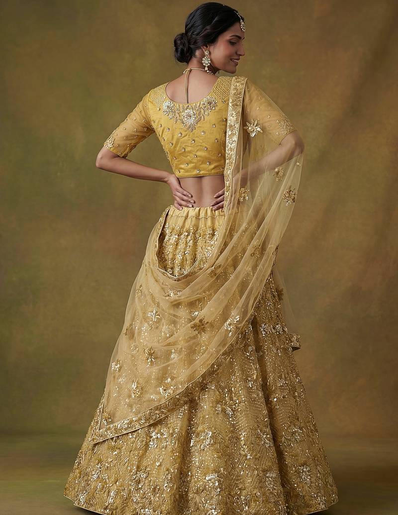 Shiny Yellow Sequins Net Haldi Wear Lehenga Choli With Dupatta