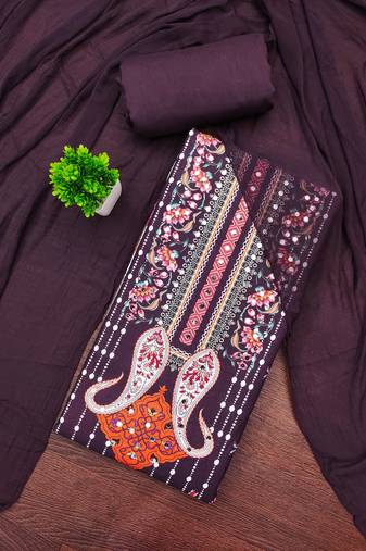 Elegant wine floral paisley printed unstitched salwar suit with dupatta