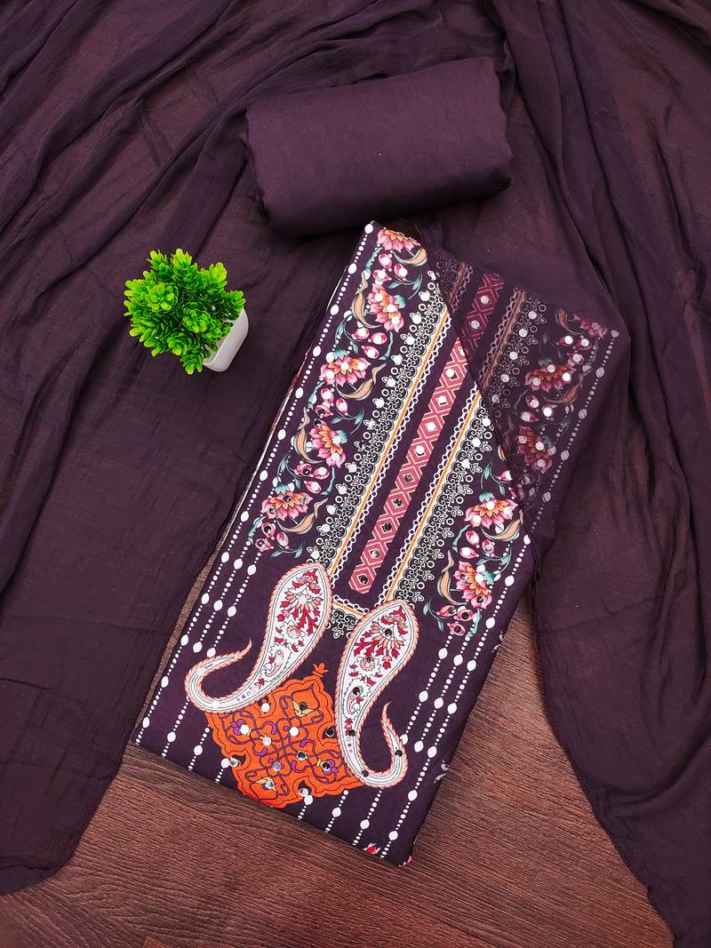 Elegant wine floral paisley printed unstitched salwar suit with dupatta