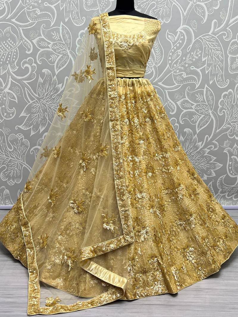 Shiny Yellow Sequins Net Haldi Wear Lehenga Choli With Dupatta