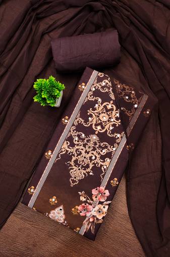 Elegant brown baroque floral printed unstitched salwar suit with dupatta
