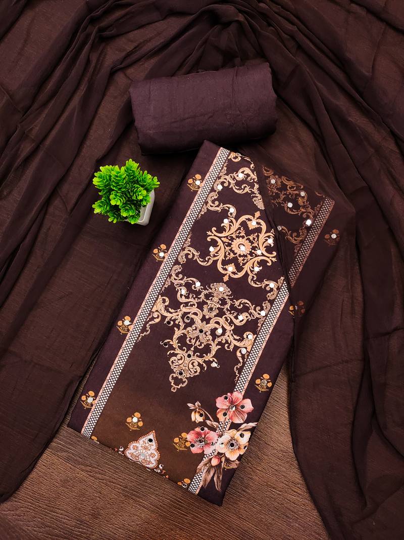 Elegant brown baroque floral printed unstitched salwar suit with dupatta