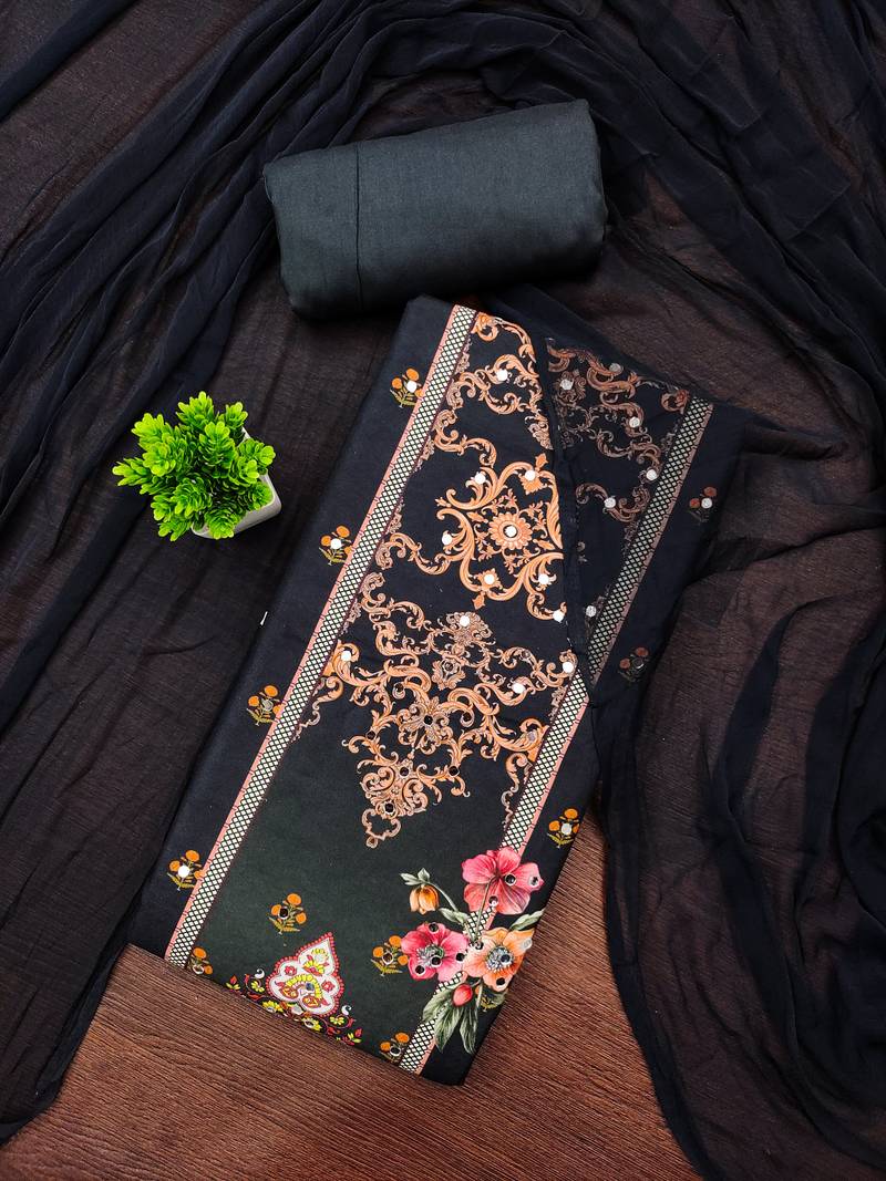 Elegant black baroque floral printed unstitched salwar suit with dupatta