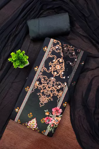 Elegant black baroque floral printed unstitched salwar suit with dupatta
