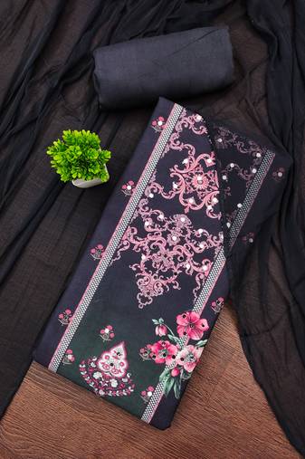Elegant dark grey baroque floral printed unstitched salwar suit with dupatta