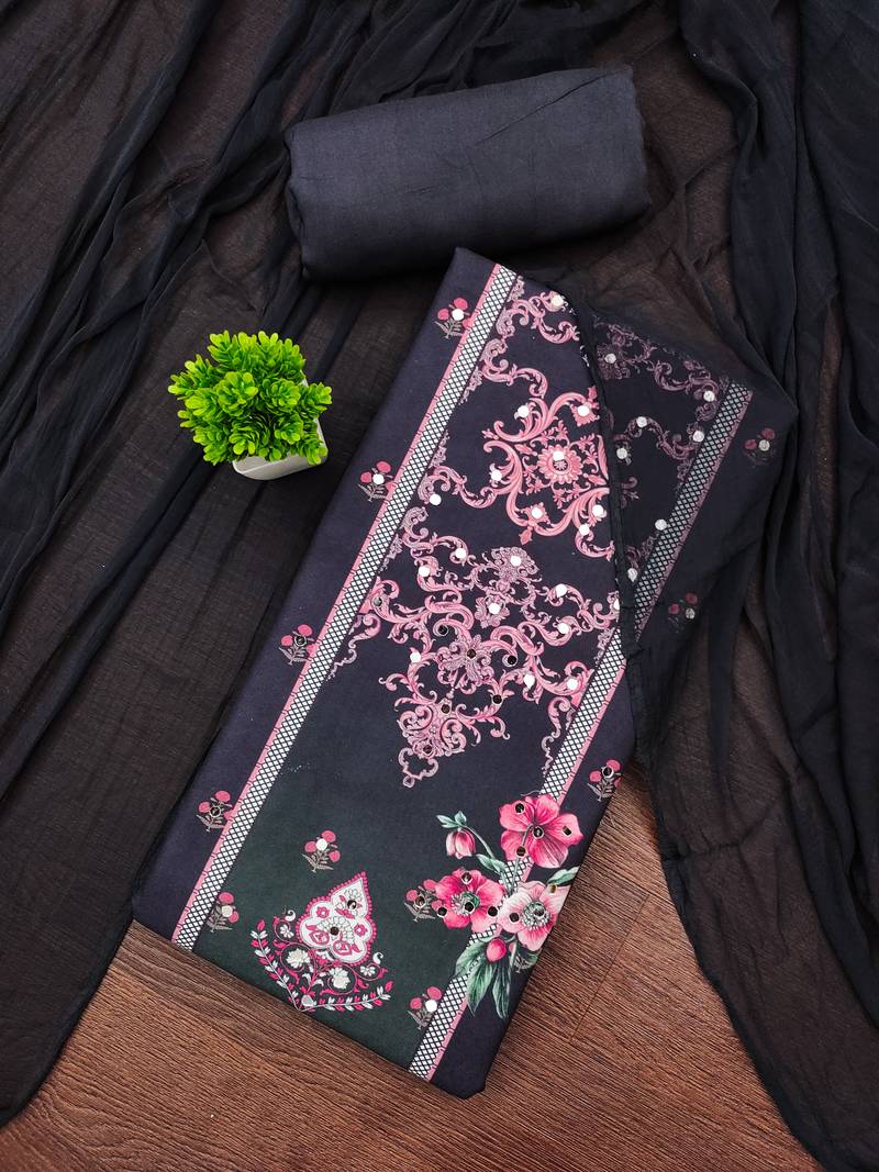 Elegant dark grey baroque floral printed unstitched salwar suit with dupatta