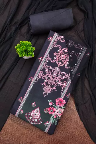 Elegant dark grey baroque floral printed unstitched salwar suit with dupatta