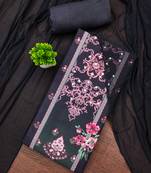 Elegant dark grey baroque floral printed unstitched salwar suit with dupatta
