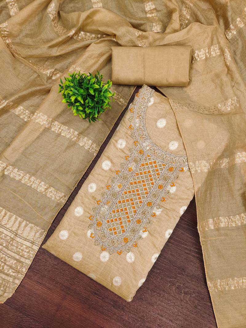 Embroidered unstitched salwar suit with woven dupatta