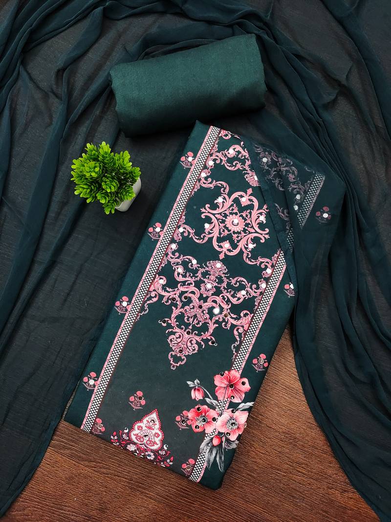 Elegant green baroque floral printed unstitched salwar suit with dupatta