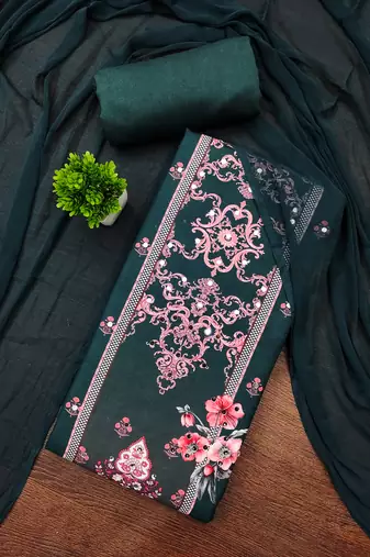 Elegant green baroque floral printed unstitched salwar suit with dupatta