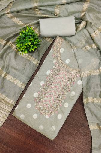 Embroidered unstitched salwar suit with woven dupatta