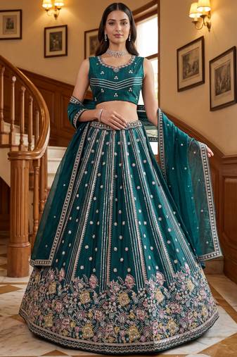 Ravishing Teal Green Embroidered Oragnza Mehendi Wear Lehenga With Blouse