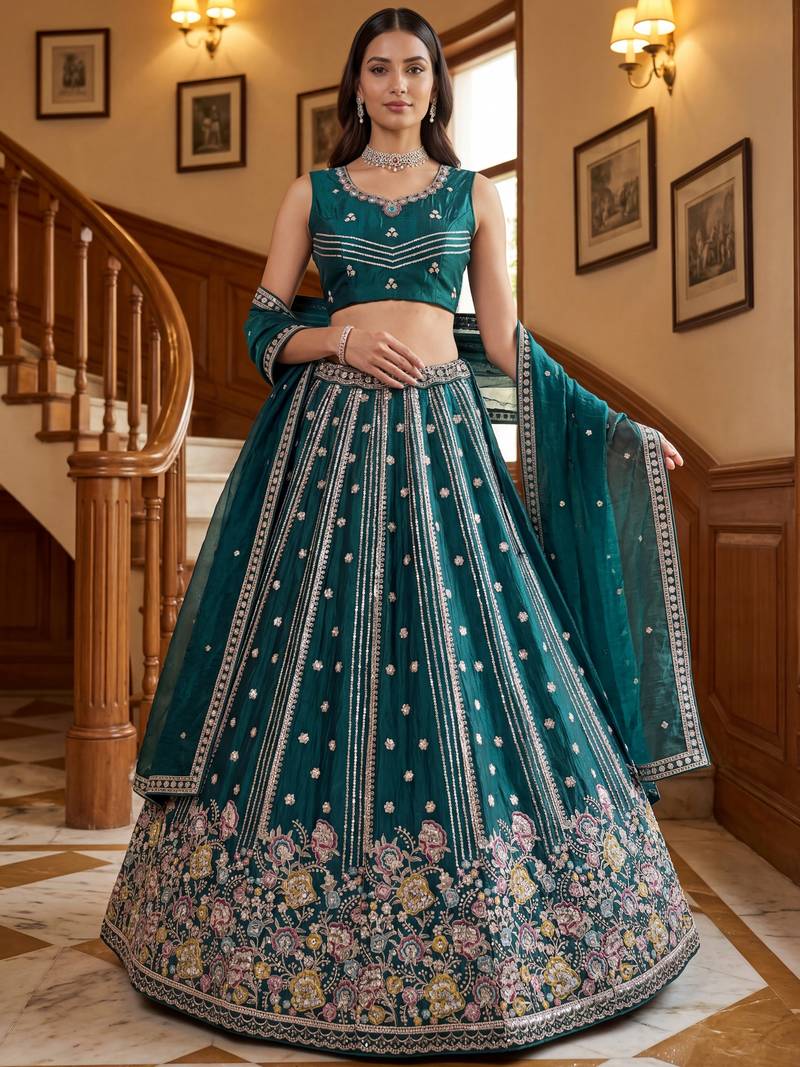 Ravishing Teal Green Embroidered Oragnza Mehendi Wear Lehenga With Blouse