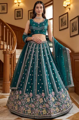 Ravishing Teal Green Embroidered Oragnza Mehendi Wear Lehenga With Blouse