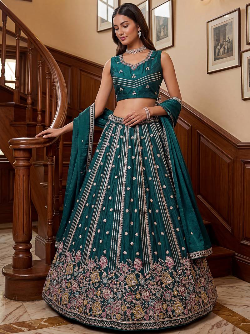 Ravishing Teal Green Embroidered Oragnza Mehendi Wear Lehenga With Blouse
