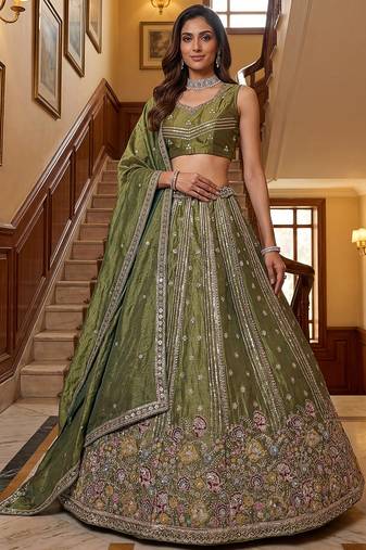 Charming olive Green Zari Work Oragnza Reception Wear Lehenga Choli
