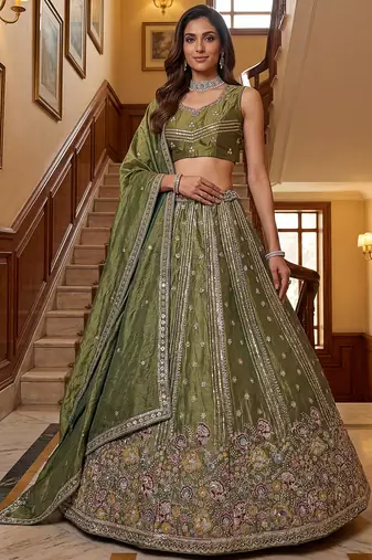 Charming olive Green Zari Work Oragnza Reception Wear Lehenga Choli