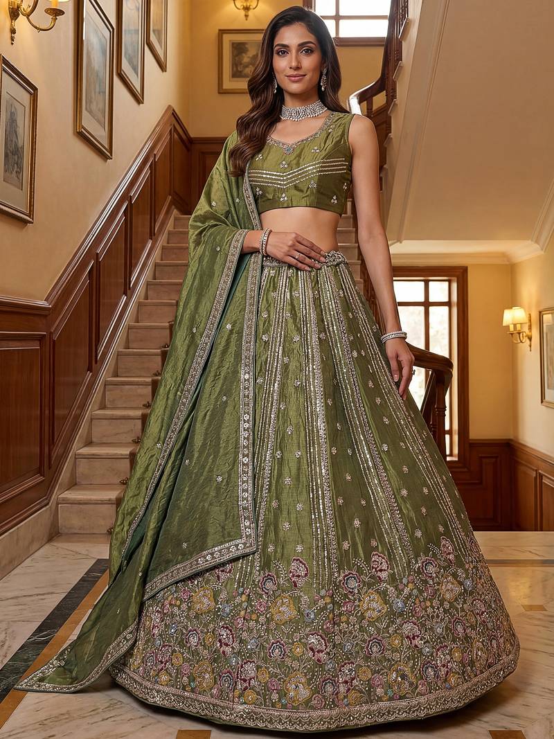 Charming olive Green Zari Work Oragnza Reception Wear Lehenga Choli